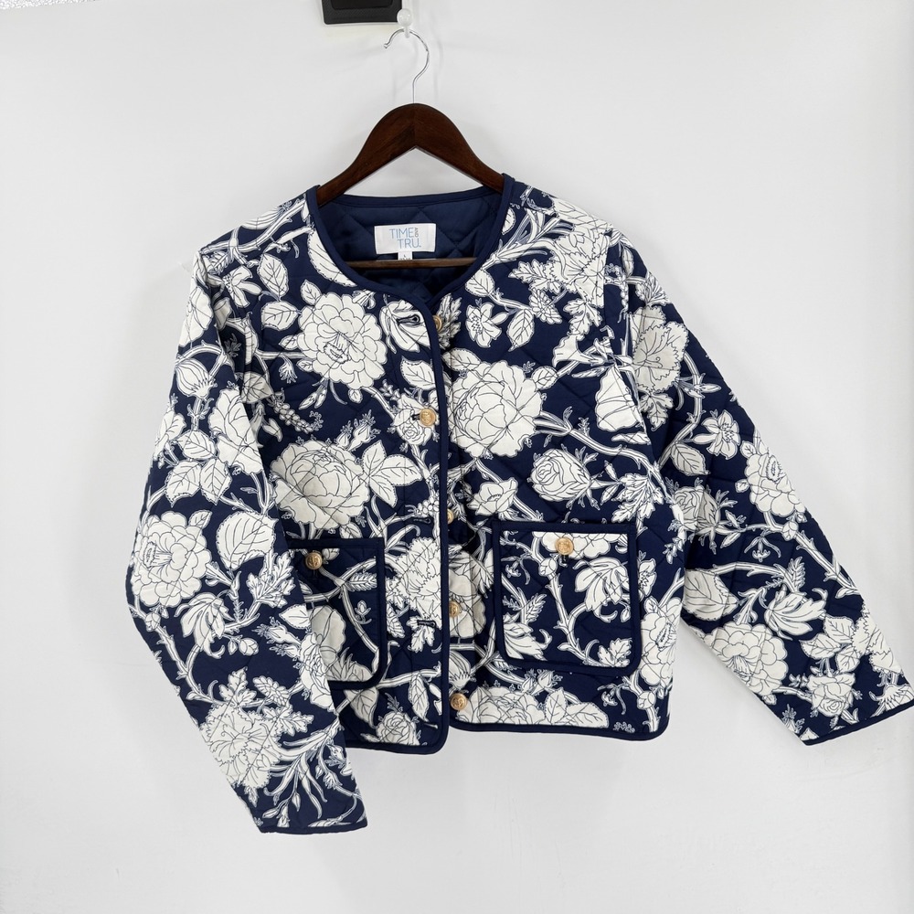 Time and Tru Quilted Floral Jacket Navy Blue L 12-14 Nautical Gold Button Anchor